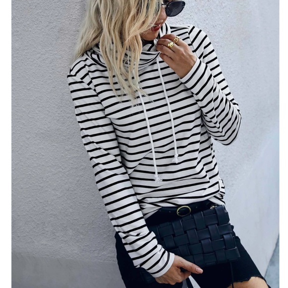 Rouge! Tops - Striped Long Sleeve Tee Shirt White Black Drawstring Neck